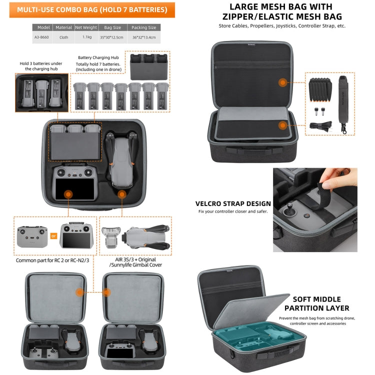 Sunnylife Carrying Case Bag, B657 For DJI RC 2 / 1 Control Bag, A3-B658 Drone Body Bag, A3-B660 Batteries Bag Sunnylife Carrying Case Bag, B657 For DJI RC 2 / 1 Control Bag, A3-B658 Drone Body Bag, A3-B660 Batteries Bag